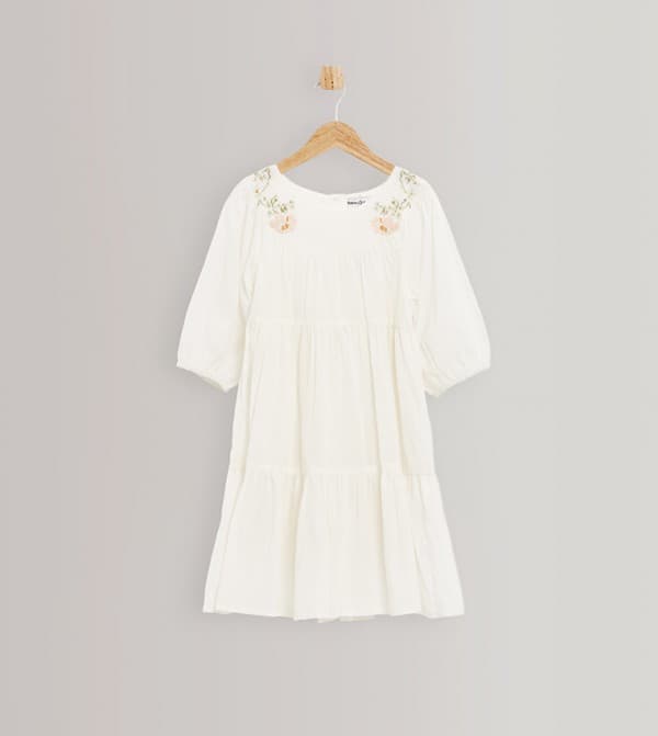 Cream Short-Sleeve Casual Dress For Toddler Girls